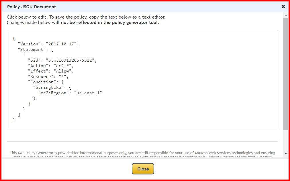 Picture showing the json text of the policy created using the aws policy generation tool
